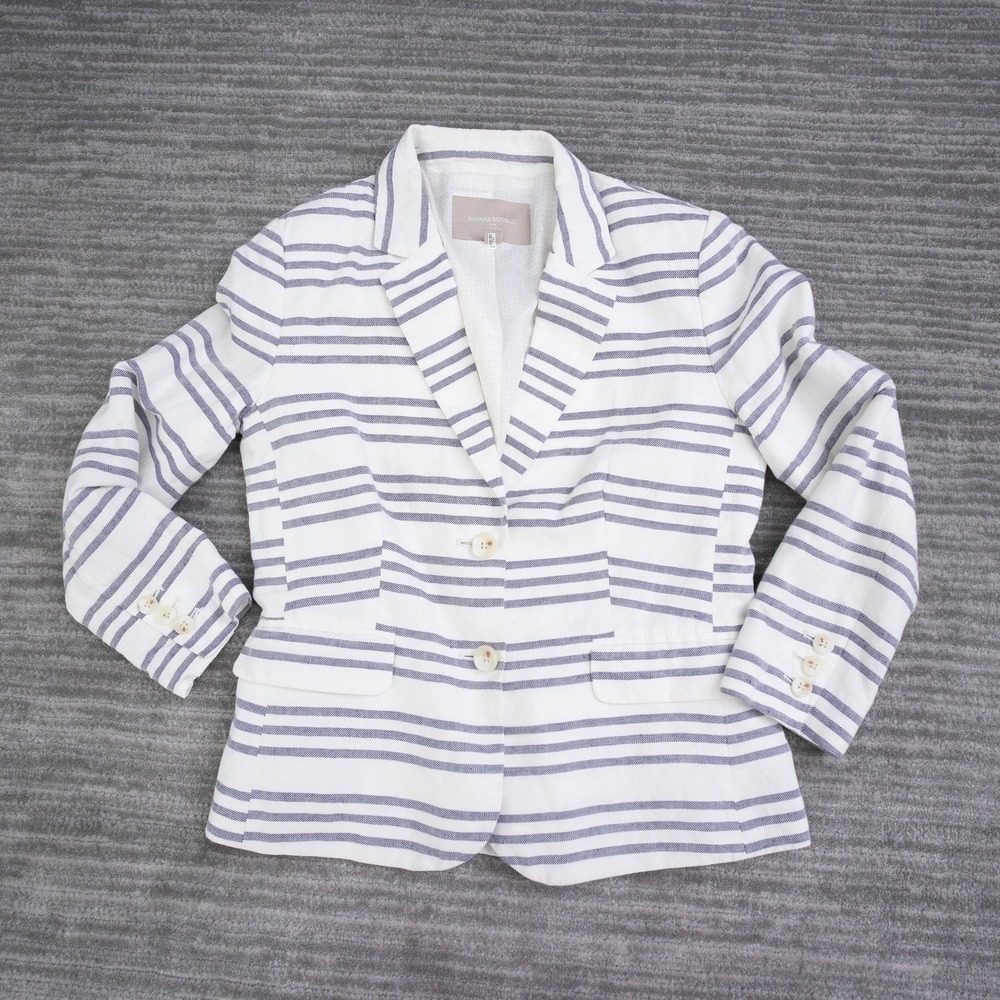 Banana Republic Striped Linen Cotton Blazer Blue White Nautical Jacket Womens 4P - Picture 4 of 11